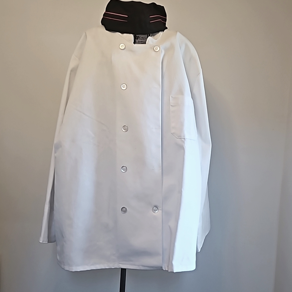Men's White CHEF Jacket with Black Cap Brand New. Never Worn by Chef Designs.